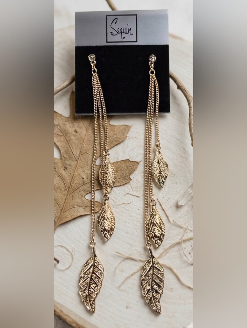 Gold Leaf Dangle Earrings - Long Chain Drop